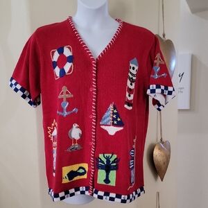 QUACKER FACTORY VINTAGE NAUTICAL Theme Short Slv Red Sweater w/button covers  L